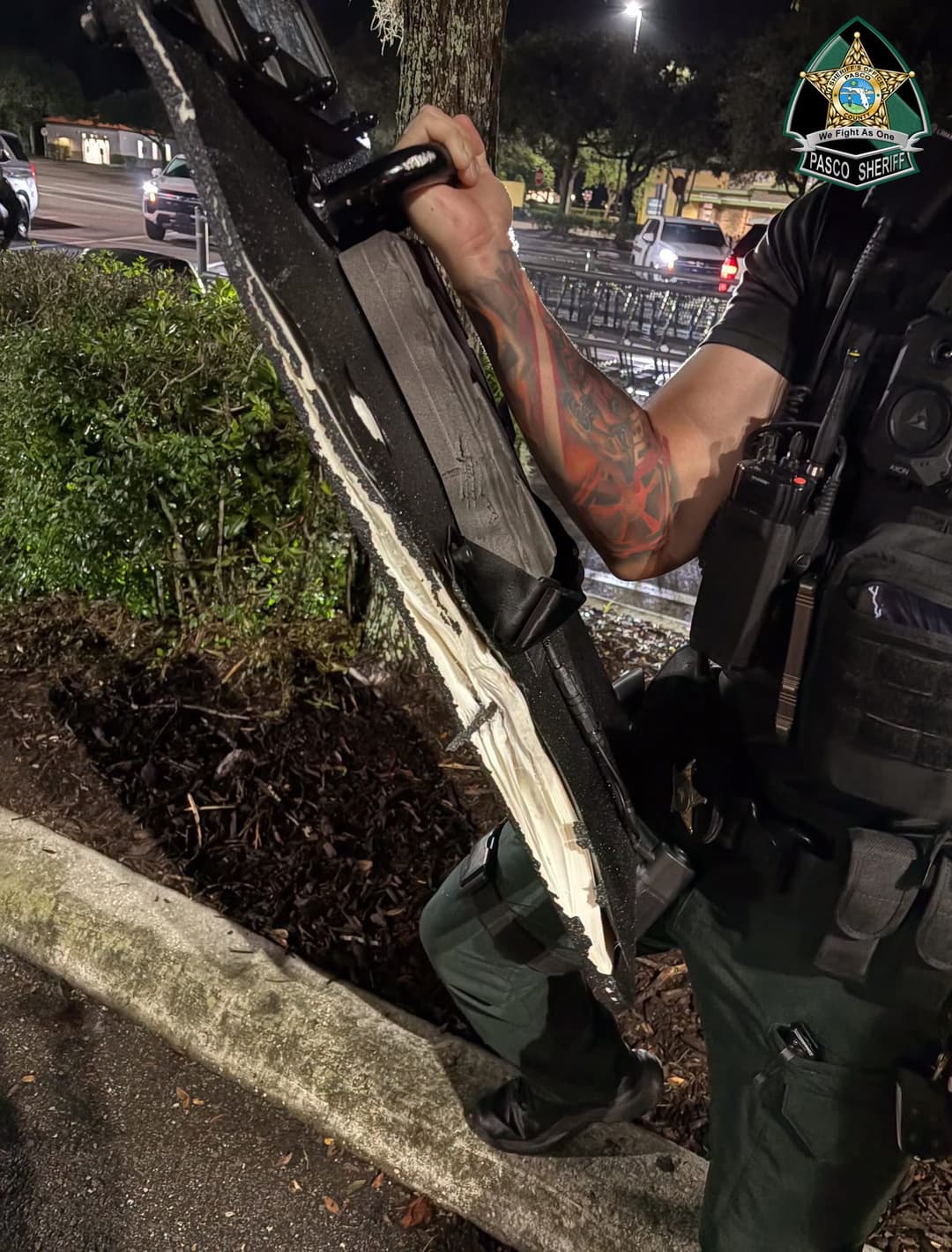Ballistic shield was shot by suspect. 