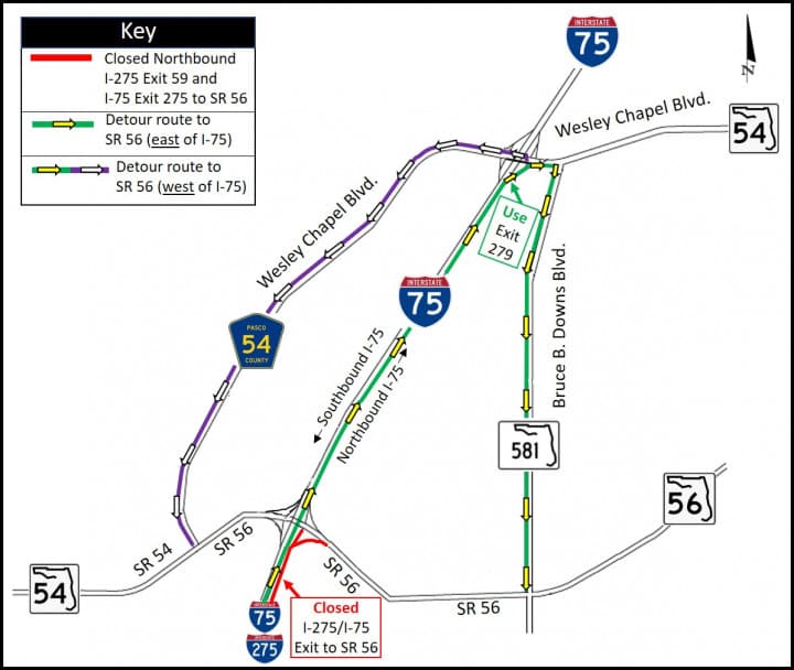 Northbound I-275 / I-75 exit to SR 56 to be closed Monday and Tuesday this week
