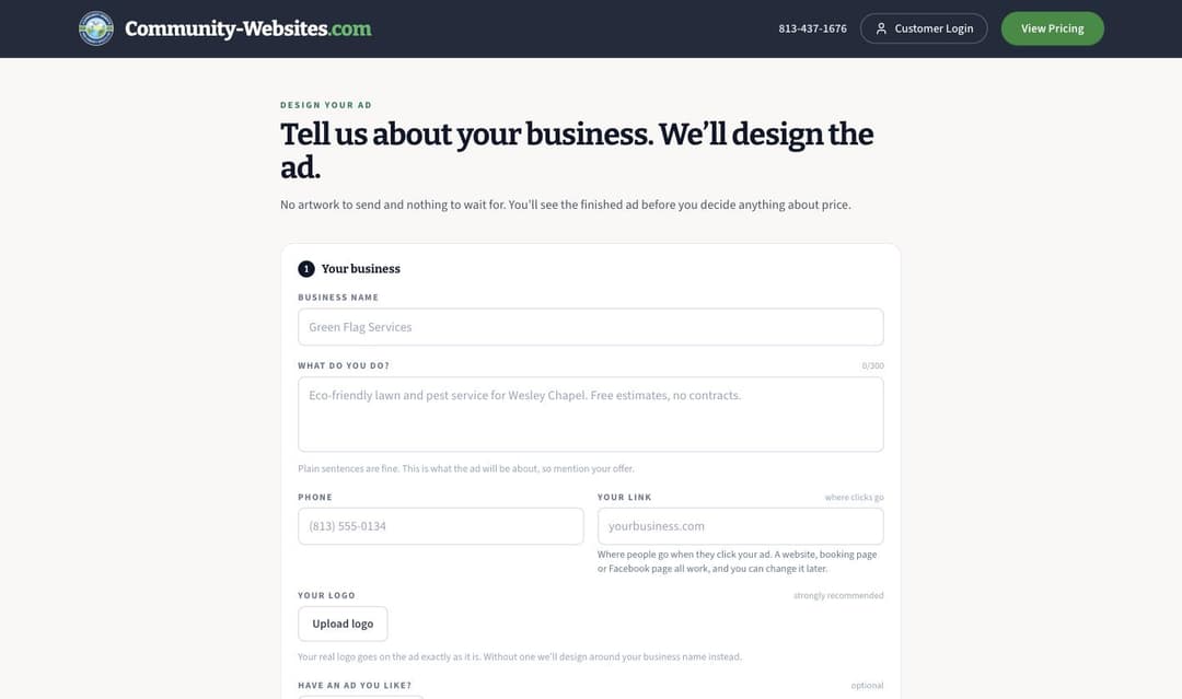 The ad designer, asking what the business does, with a place to upload a logo