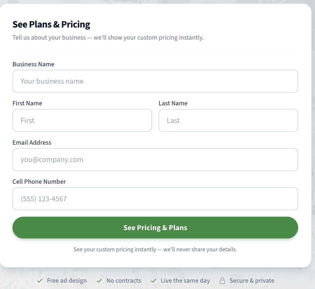 A short form asking for business name, first and last name, email address and cell phone number